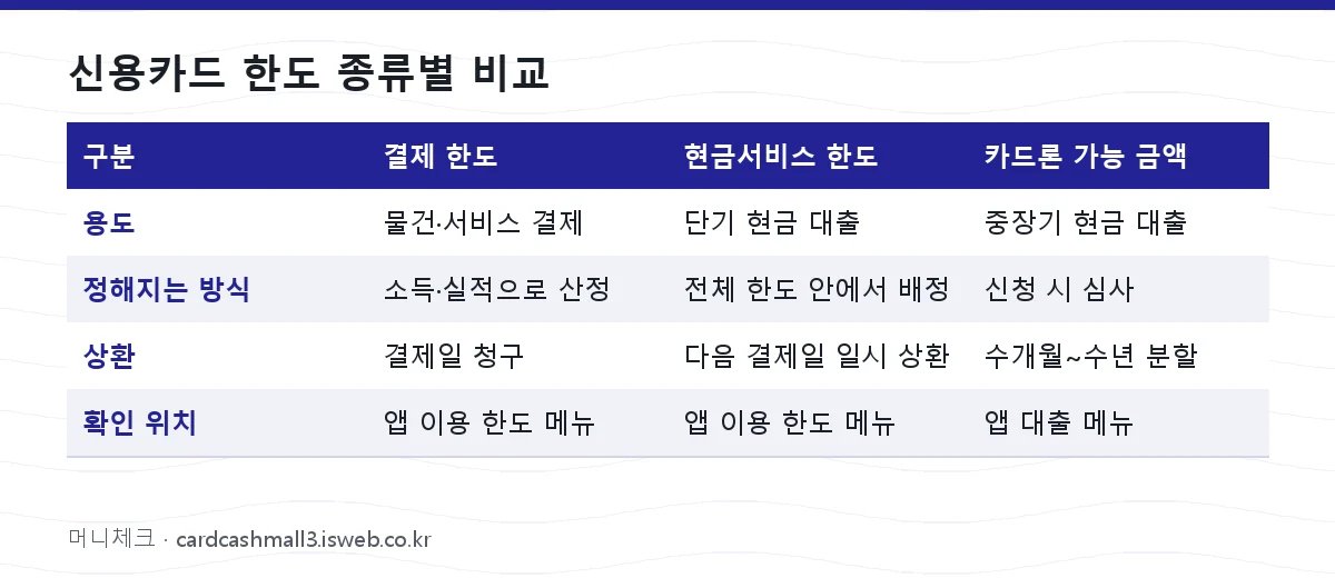 신용카드 한도 종류별 비교 표를 그림으로 정리한 이미지