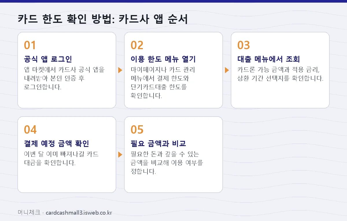 카드 한도 확인 방법: 카드사 앱 순서 단계를 순서대로 정리한 그림